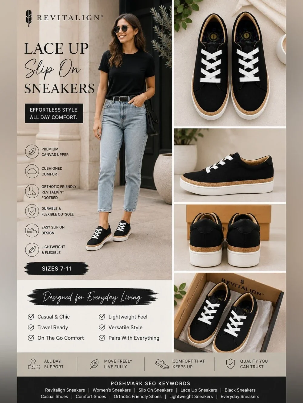 Revitalign Black Canvas Lace Up Slip On Comfort Sneakers NIB Womens Sizes 7-11